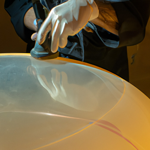 1. תמונה המתארת מלטשת זכוכית מקצועית בעבודה, המציגה את הציוד בו נעשה שימוש.